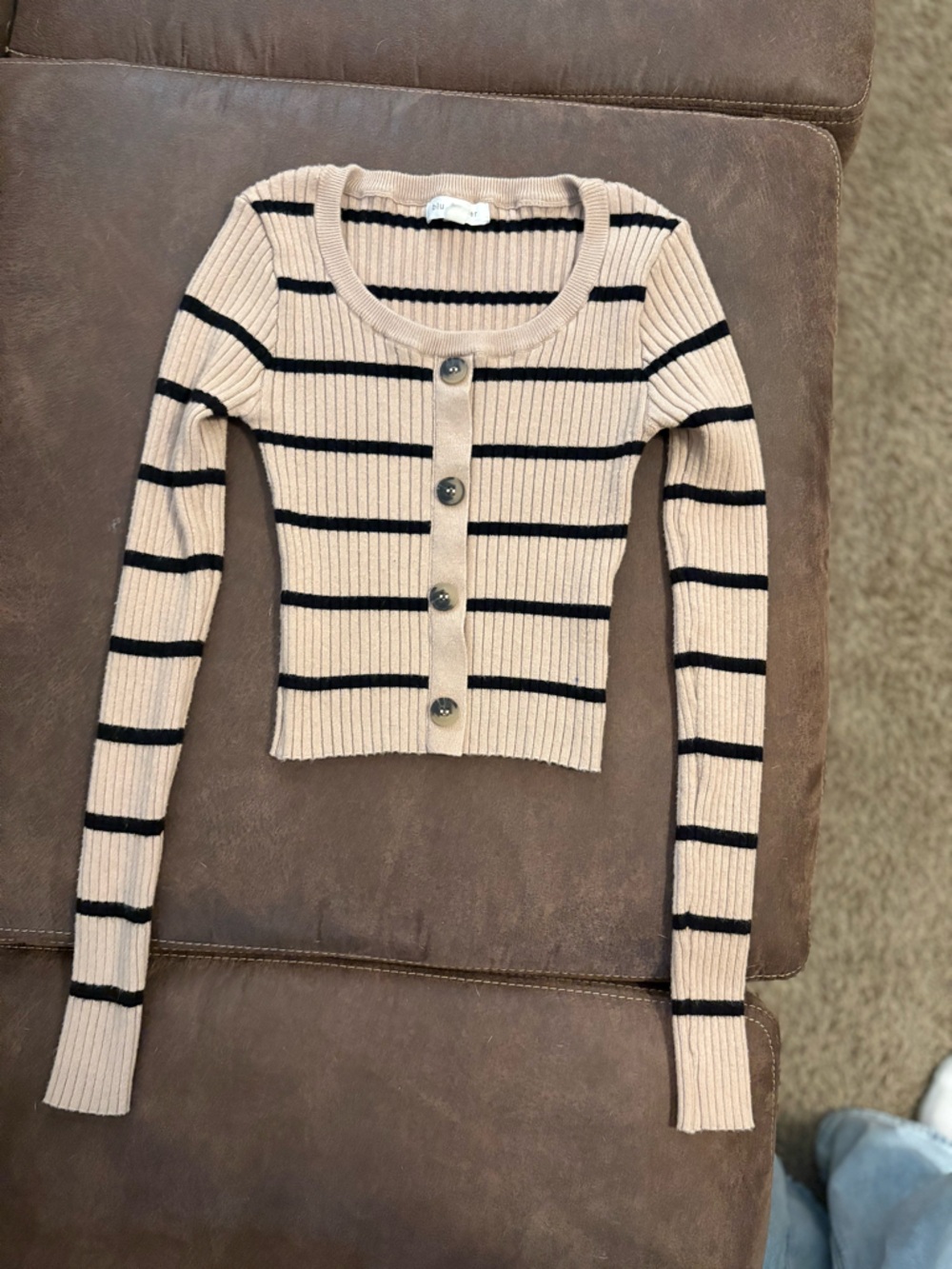 Blu Pepper Beige & Black Striped Ribbed Button Cardigan